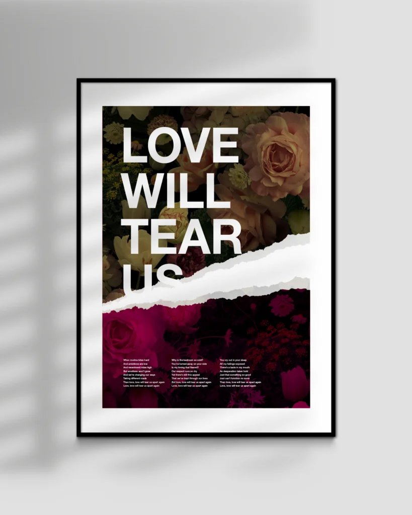Division, Joy Division music art print featuring blood red flowers and torn effect, inspired by the lyrics of Joy Division's Love Will Tear Us Apart