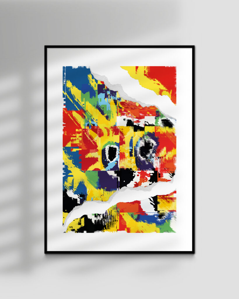 Primal Scream music art print, pop art style graphic with torn edges and glitch elements inspired by Primal Scream's Screamadelica album