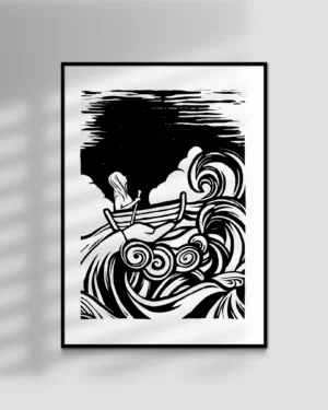 A woodcut style art print of a woman in a small boat on a stormy sea, carried by a mysterious hand, black on white