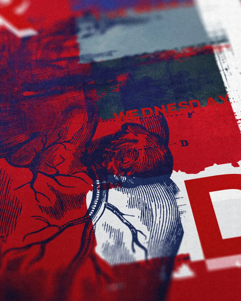 Close up detail of The Cure Friday I'm In Love art print, high quality alternative music inspired art prints with anatomical and typographic detail